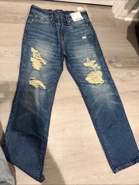 Men's Straight Fit Distressed Dark Blue Jeans